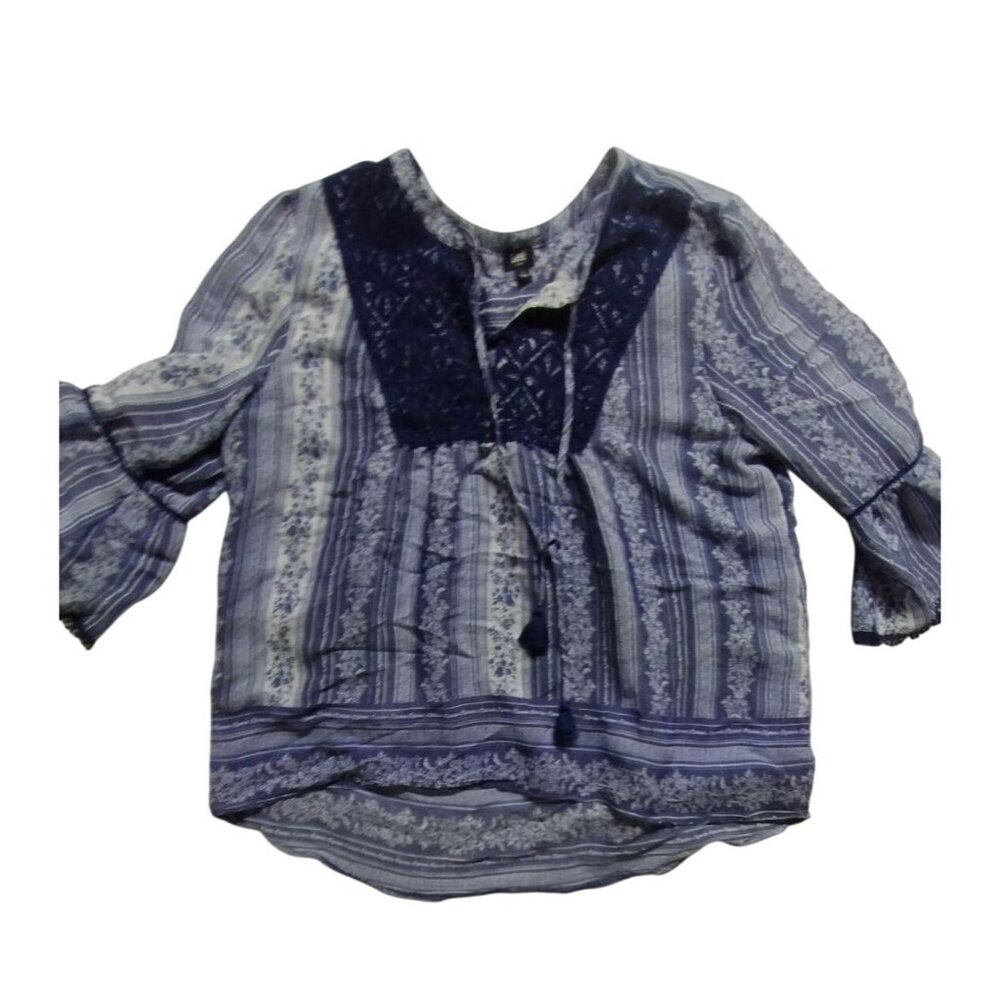 Lee Womens Boho Blouse With Lace Accent & Tassels Size Large Blue/White